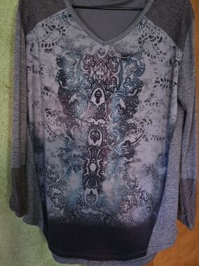 Women's Grey Patterned V-Neck Long Sleeve Sweater